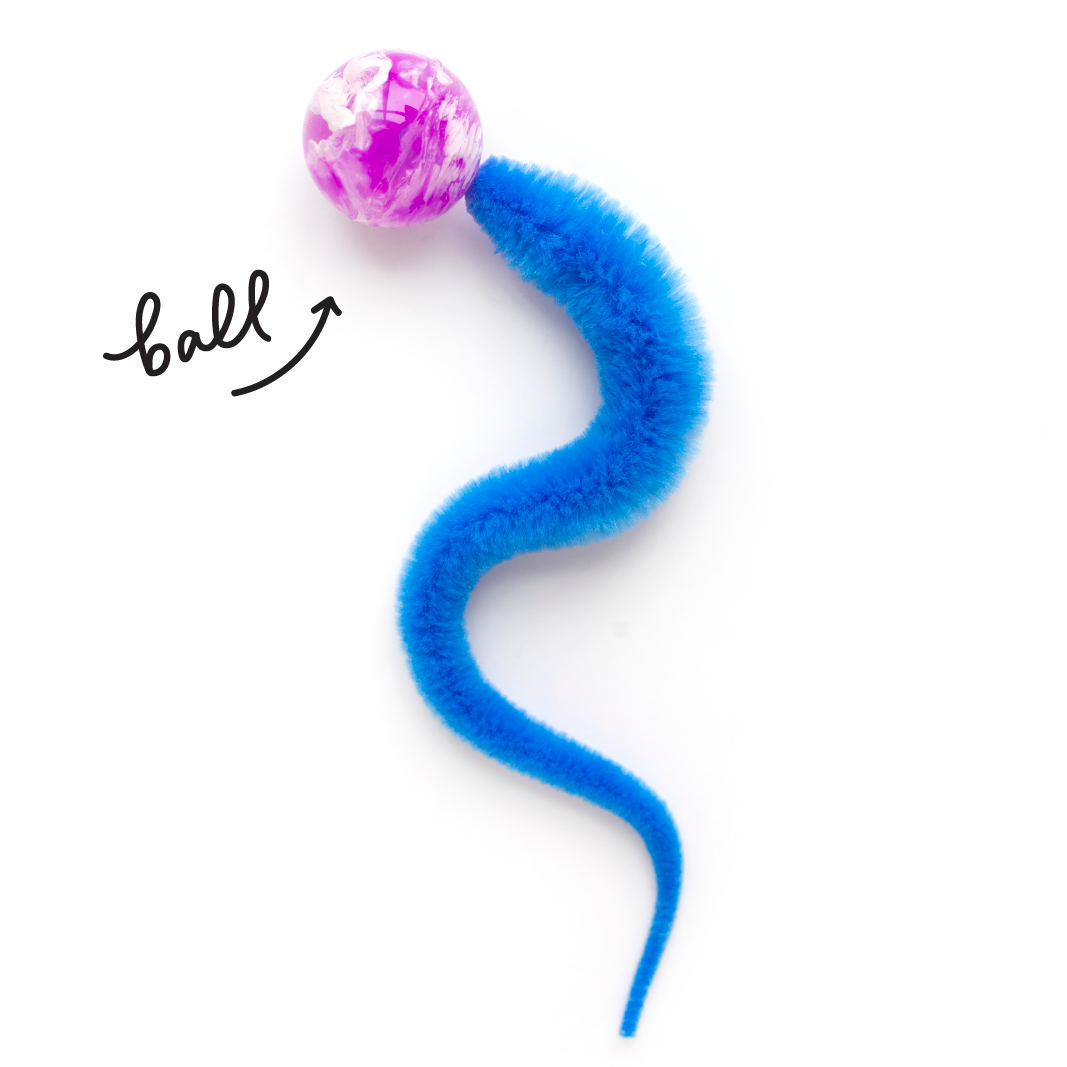 Dezi & Roo - blue fuzzy tail cat toy with a bouncy ball on a white background