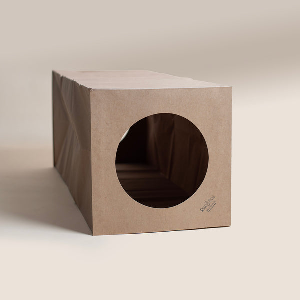 Dezi & Roo - brown cardboard cat tunnel with a circular hole on both ends