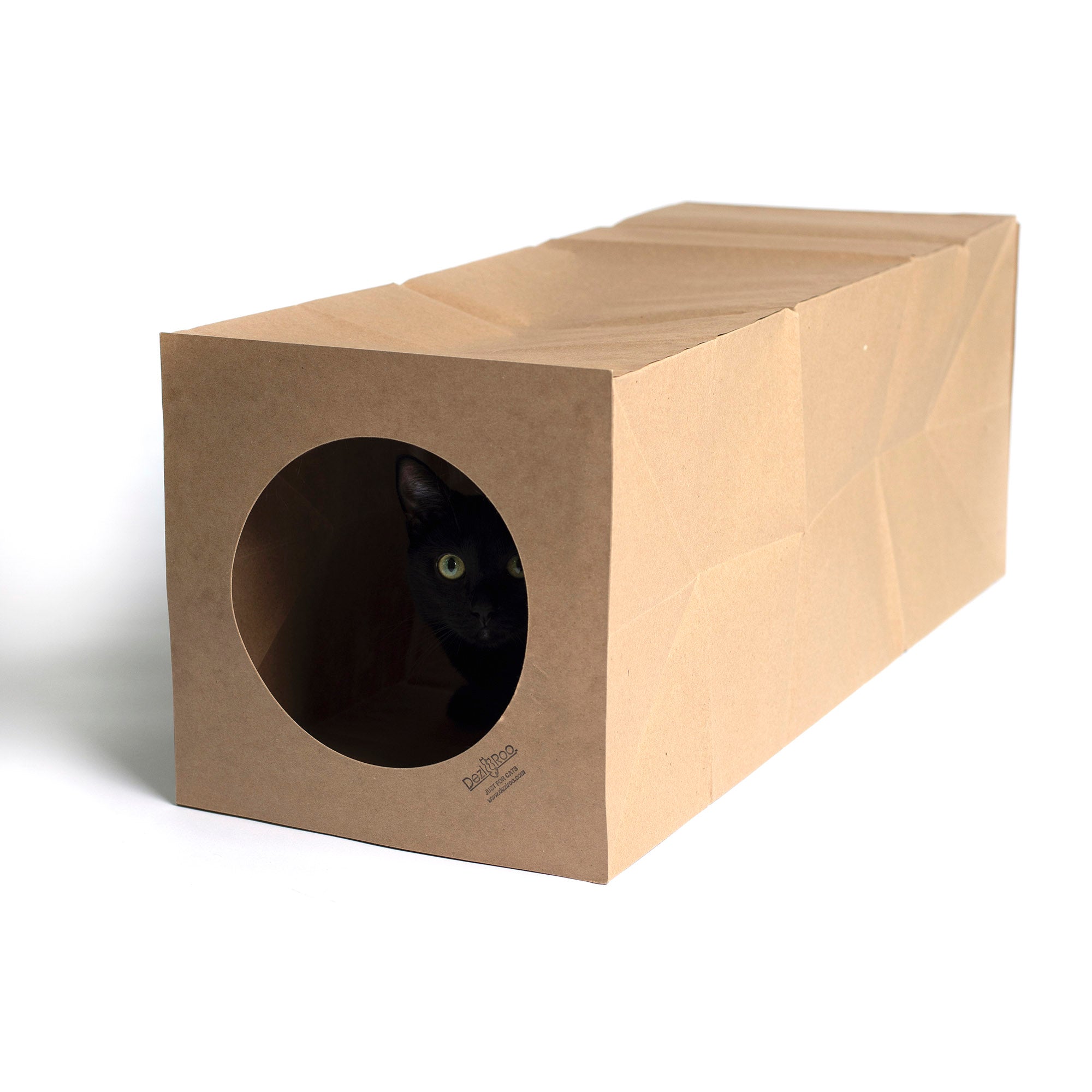 Dezi & Roo - Paper tunnel cat enclosure with a cat peeking out