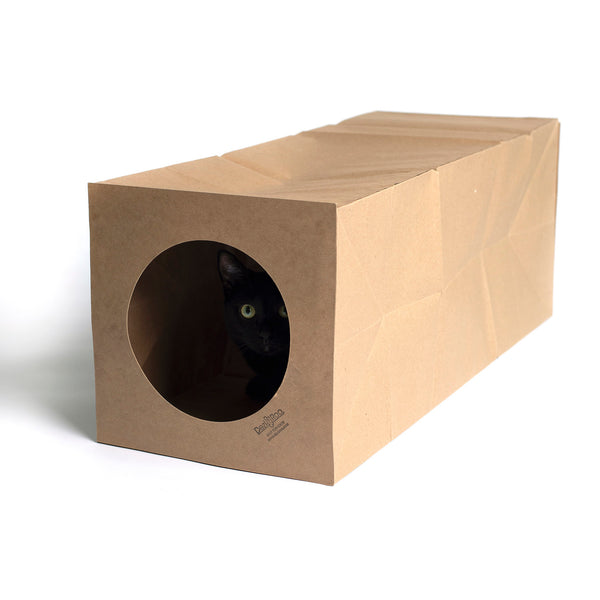 Dezi & Roo - Paper tunnel cat enclosure with a cat peeking out