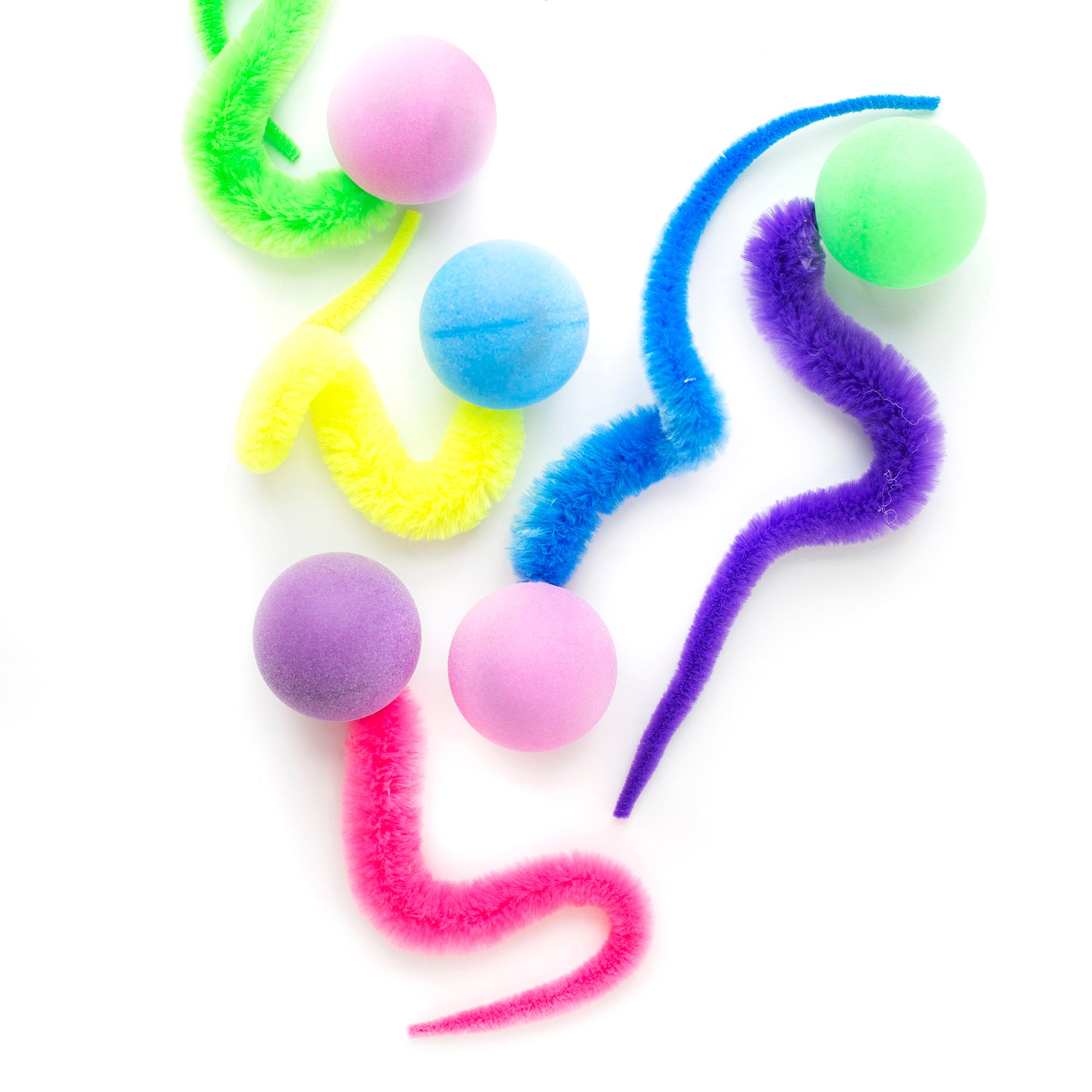 Dezi & Roo - Colorful cat toys with balls and soft wormy tail on a white background